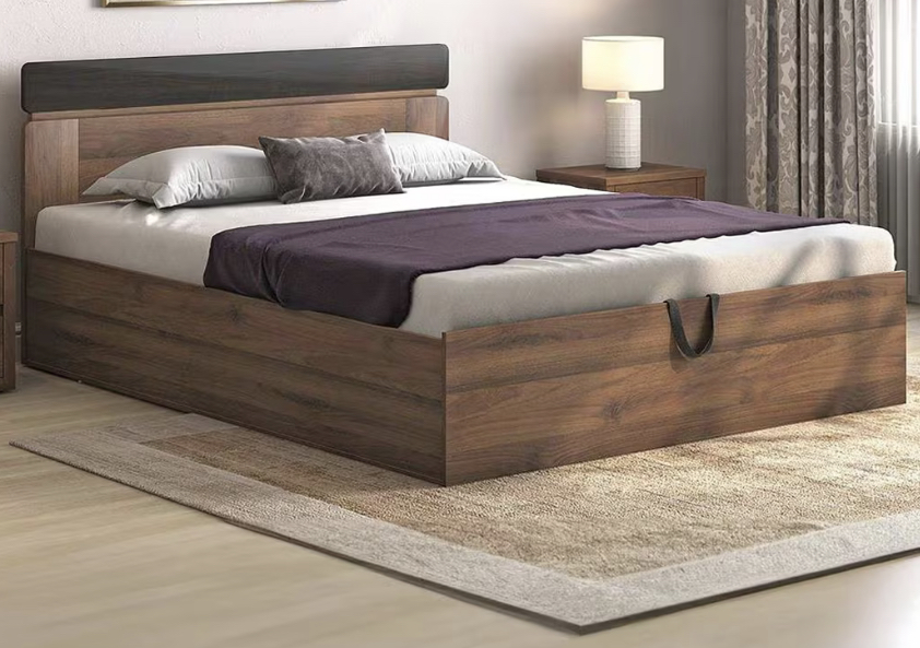Aruba Engineered Wood Queen Size Bed With Hydraulic Storage (Rustic Walnut Finish)